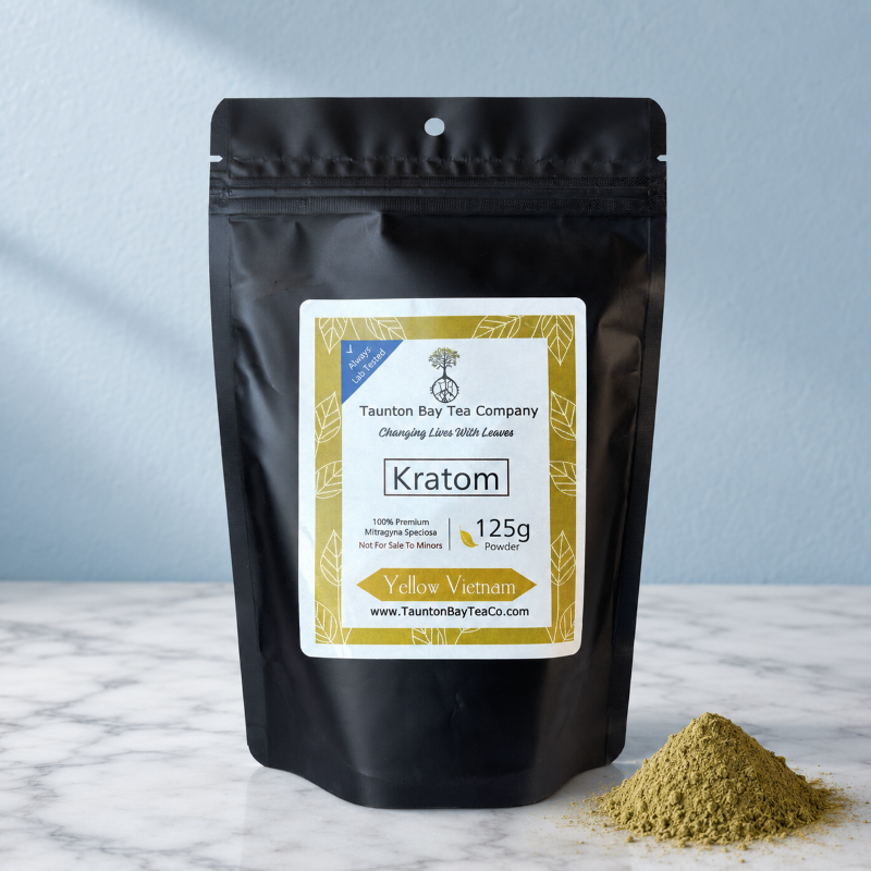 Yellow Vietnam Kratom Powder at Taunton Bay Kratom, a small family kratom business located in Maine near Acadia National Park. Buy Lab Tested Kratom online, by phone order, or in person at our brick-and-mortar store today!